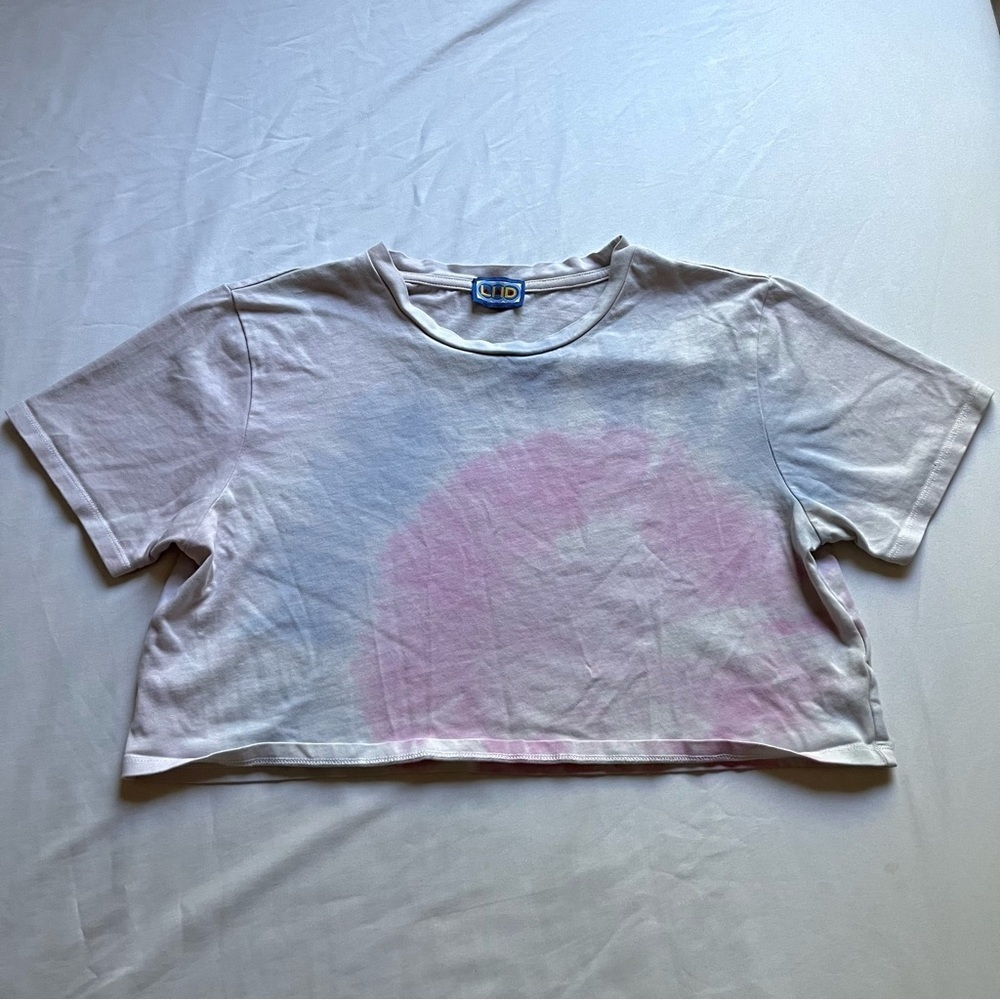 LHD white‎ purple blue tie dye cotton cropped boxy short sleeve knit T-shirt